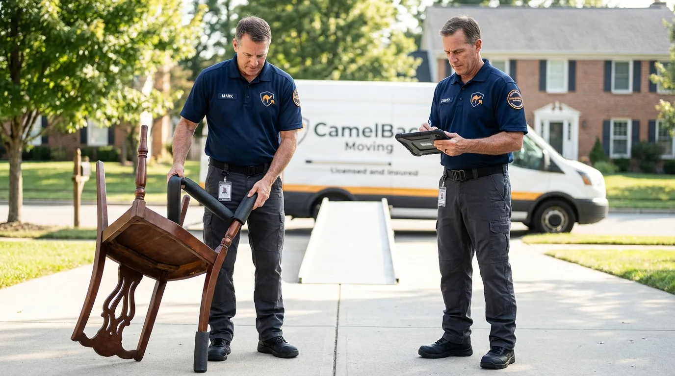 Movers inspecting furniture for damage prevention before loading in Manchester, ME