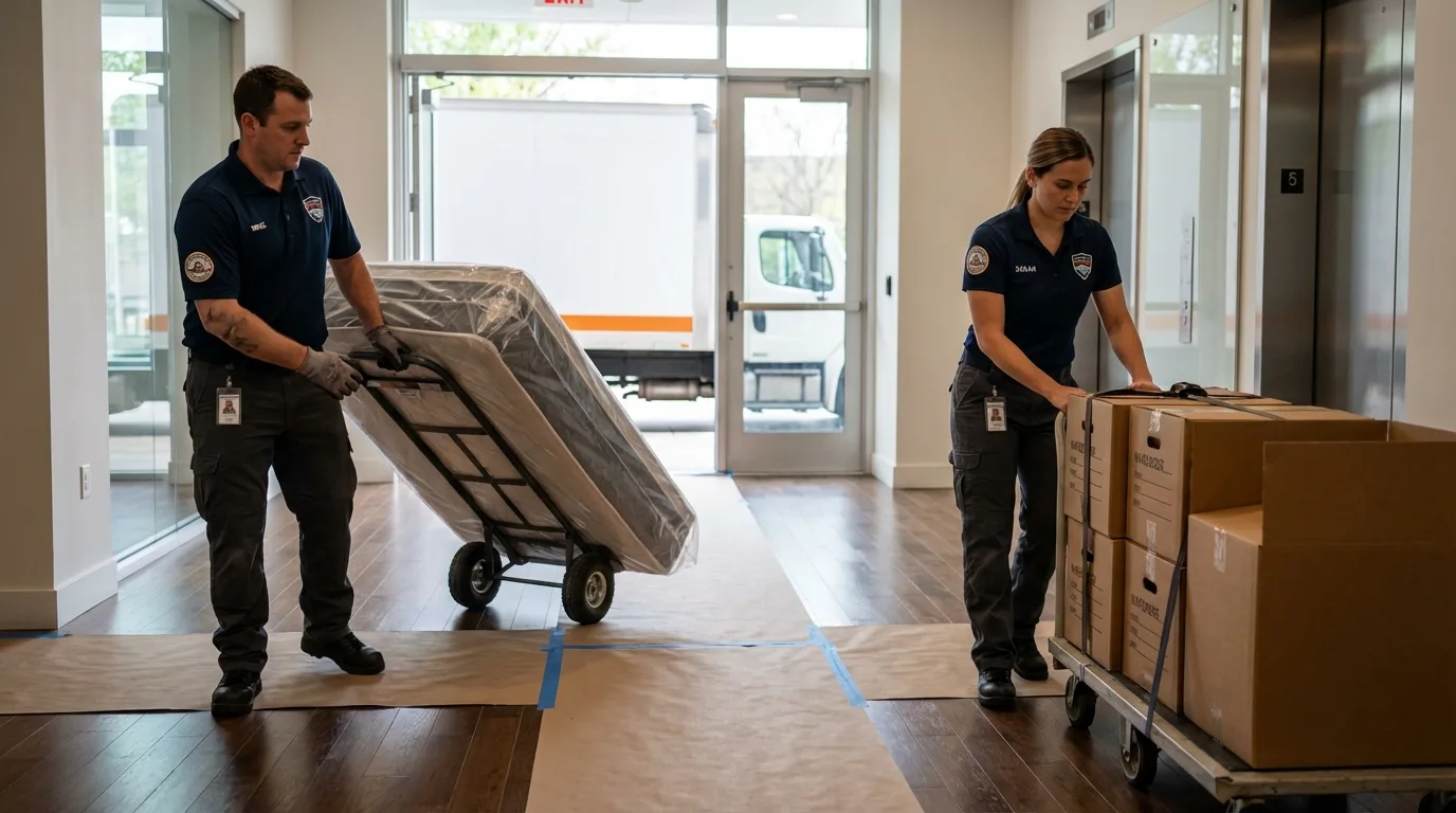 Professional apartment movers loading elevator in Manchester, ME