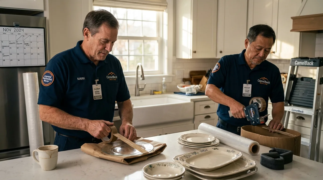 Professional crew packing kitchen dishware in Manchester, ME
